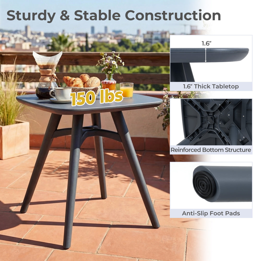 Square gray outdoor dining table with a 1.6" thick top, supporting 150 lbs, perfect for intimate patio dining.