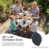 Square gray outdoor dining table for 4, made of all-weather plastic, featuring rounded corners for safety and easy.