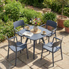 Square gray outdoor dining table with four chairs, made of all-weather plastic, perfect for garden or patio use.