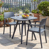 Gray square outdoor dining table for 4, made of all-weather plastic, perfect for garden or patio use.