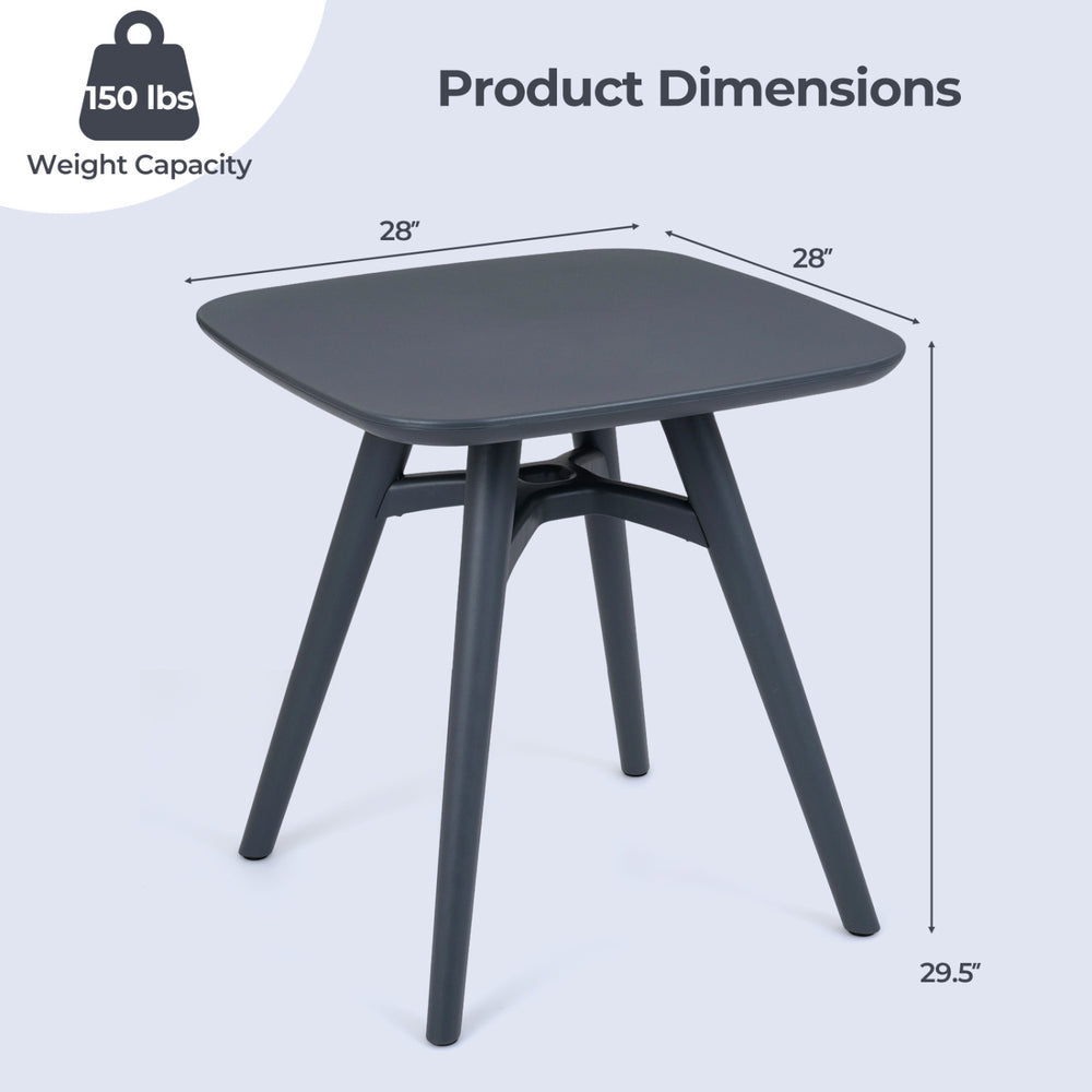 Square gray outdoor dining table with 28" x 28" dimensions, all-weather plastic, supports 150 lbs, ideal for patio use.