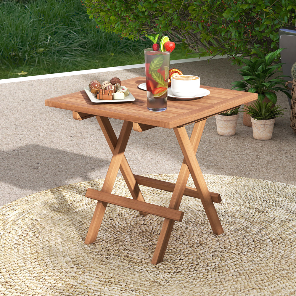Square folding table made of teak wood, featuring a slatted tabletop, ideal for picnics and outdoor gatherings.