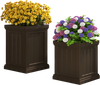 Square brown plastic planters set of 2 with drainage holes, perfect for flowers or decorative plants on a patio.