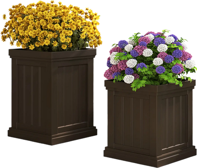 Costway Set of 2 Square Plastic Planters Flower Pots Brown 539146872 New