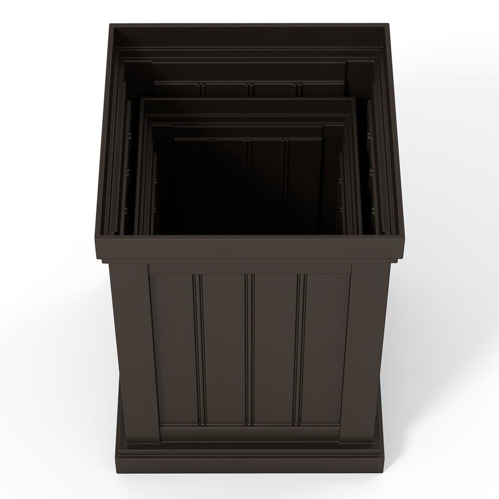 Nesting square plastic planters set in brown, featuring drainage holes, ideal for indoor and outdoor plant display.