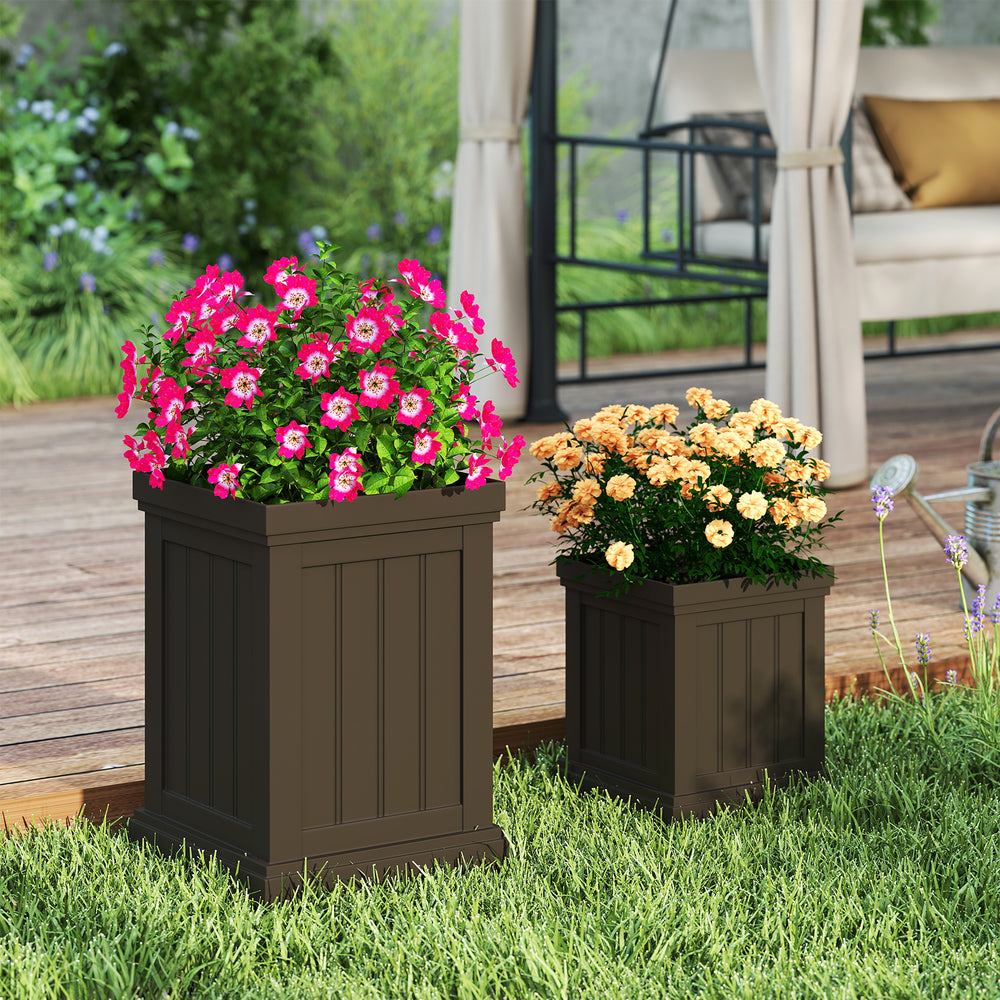 Square brown plastic planters set of 2 with flowers, featuring drainage holes for indoor and outdoor use.