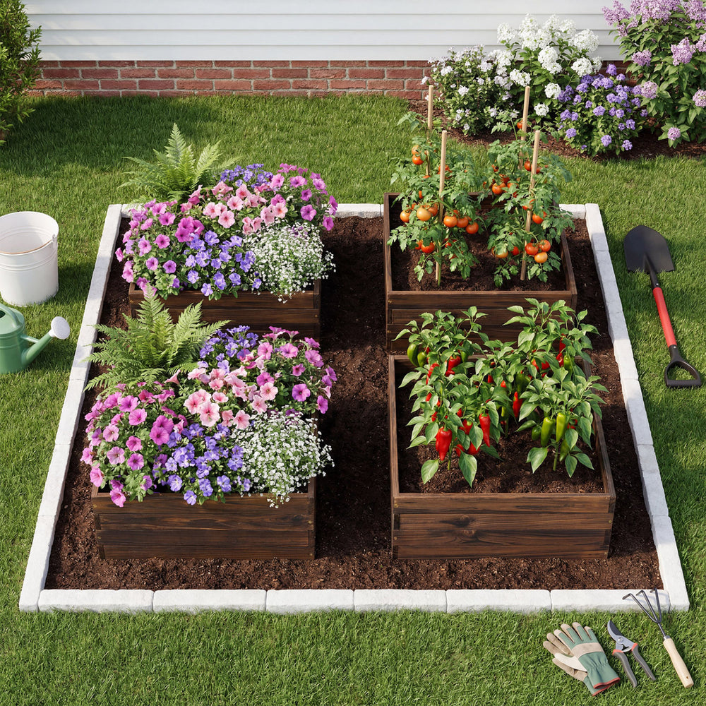 Square raised garden bed made of fir wood, featuring vibrant flowers and vegetables for a thriving garden setup.