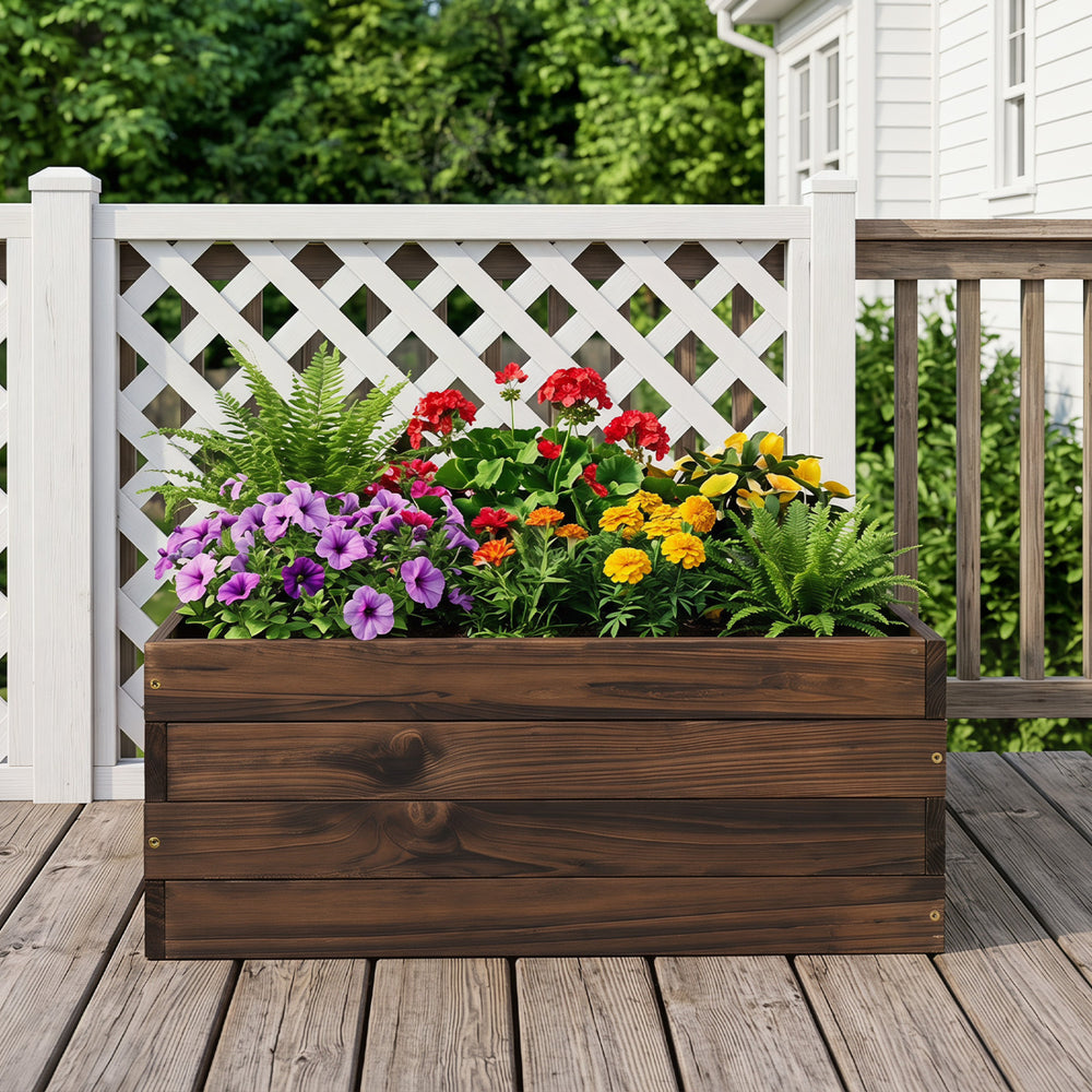 Square raised garden bed made of durable fir wood, showcasing vibrant flowers for outdoor planting and decoration.