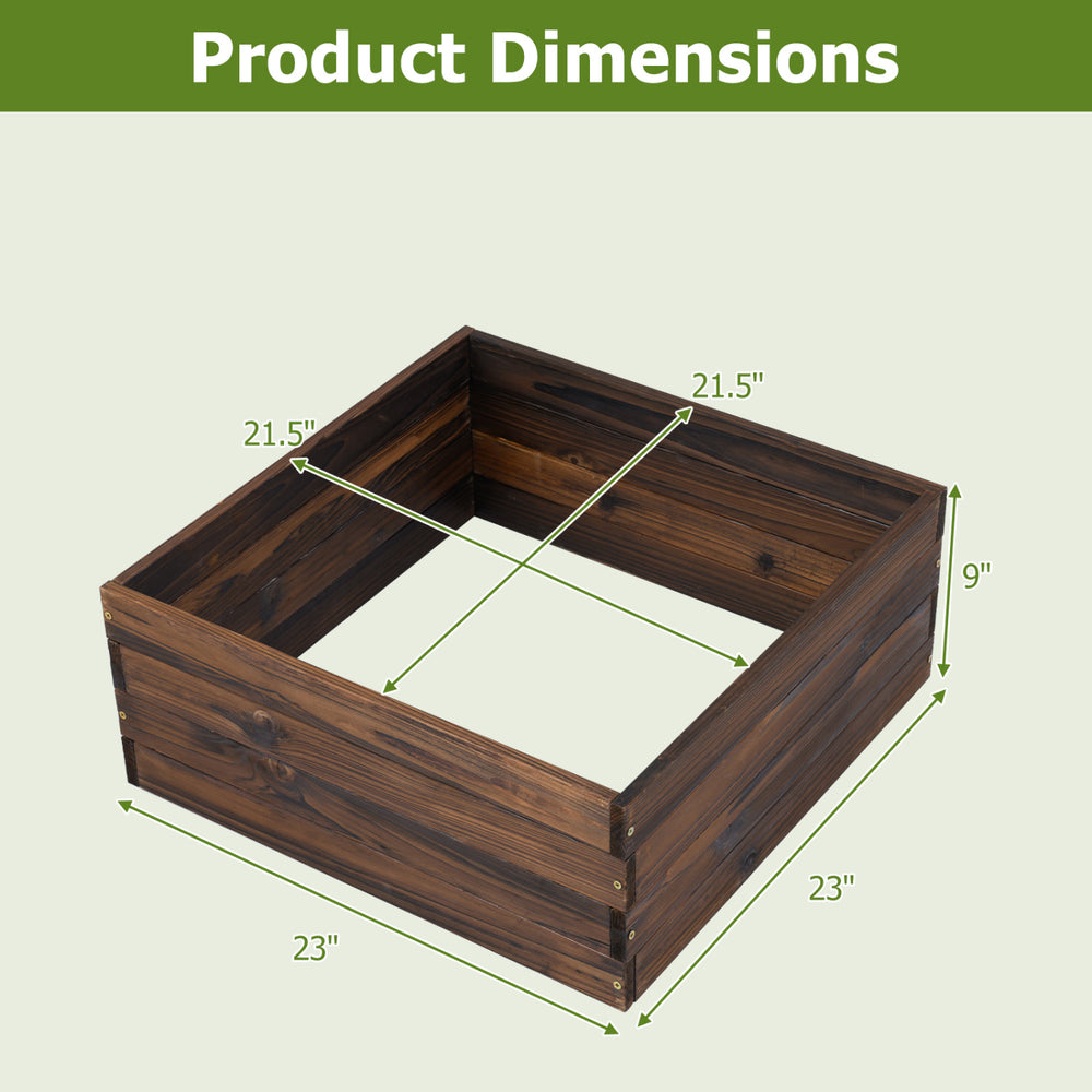 Square raised garden bed dimensions showing 2' x 2' size, made of durable fir wood for growing vegetables and flowers.