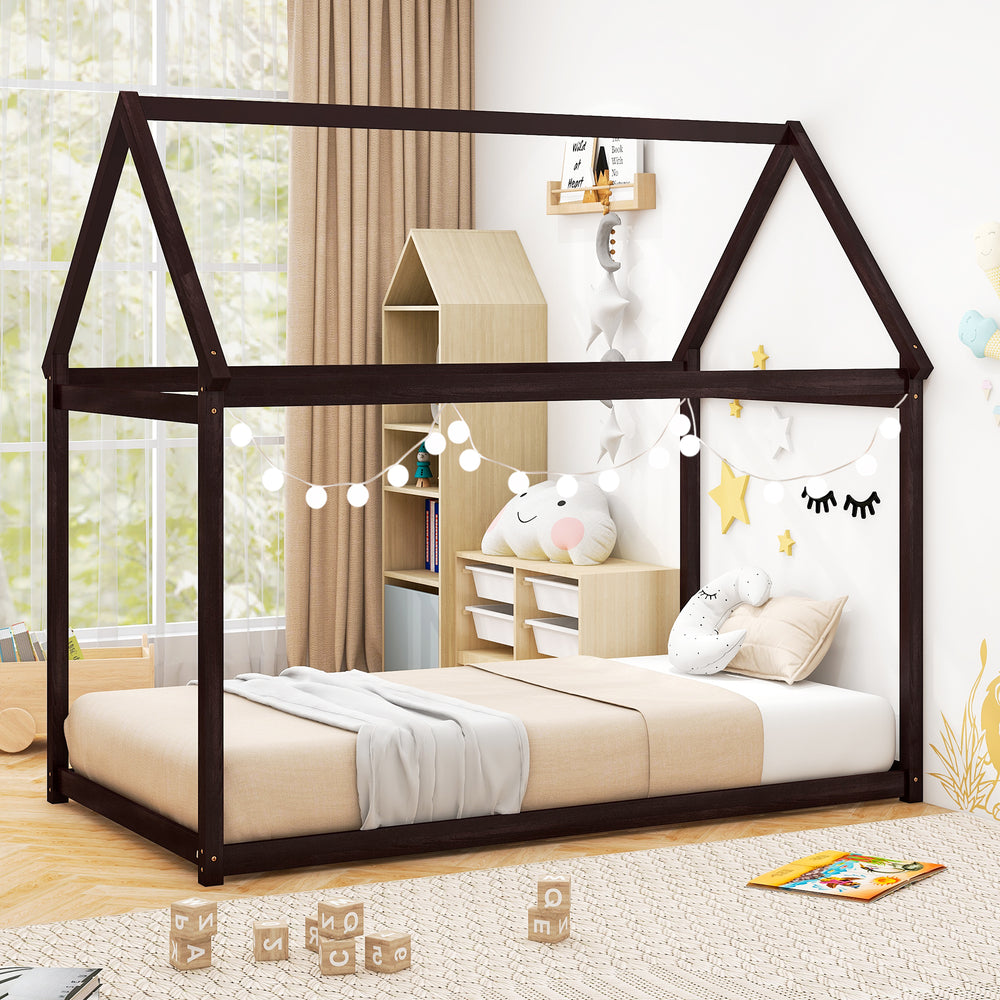 Stable Kids Platform Floor Bed with Roof and Heavy-Duty Slats-Espresso - Gallery View 1 of 10