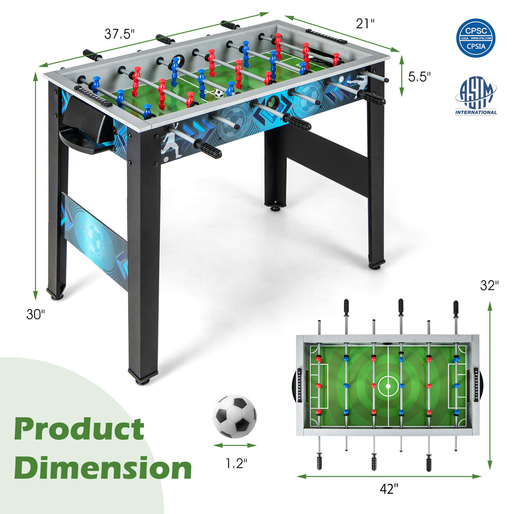 Stable soccer table game dimensions with footballs, featuring sturdy legs and vibrant sport-style design for all ages.