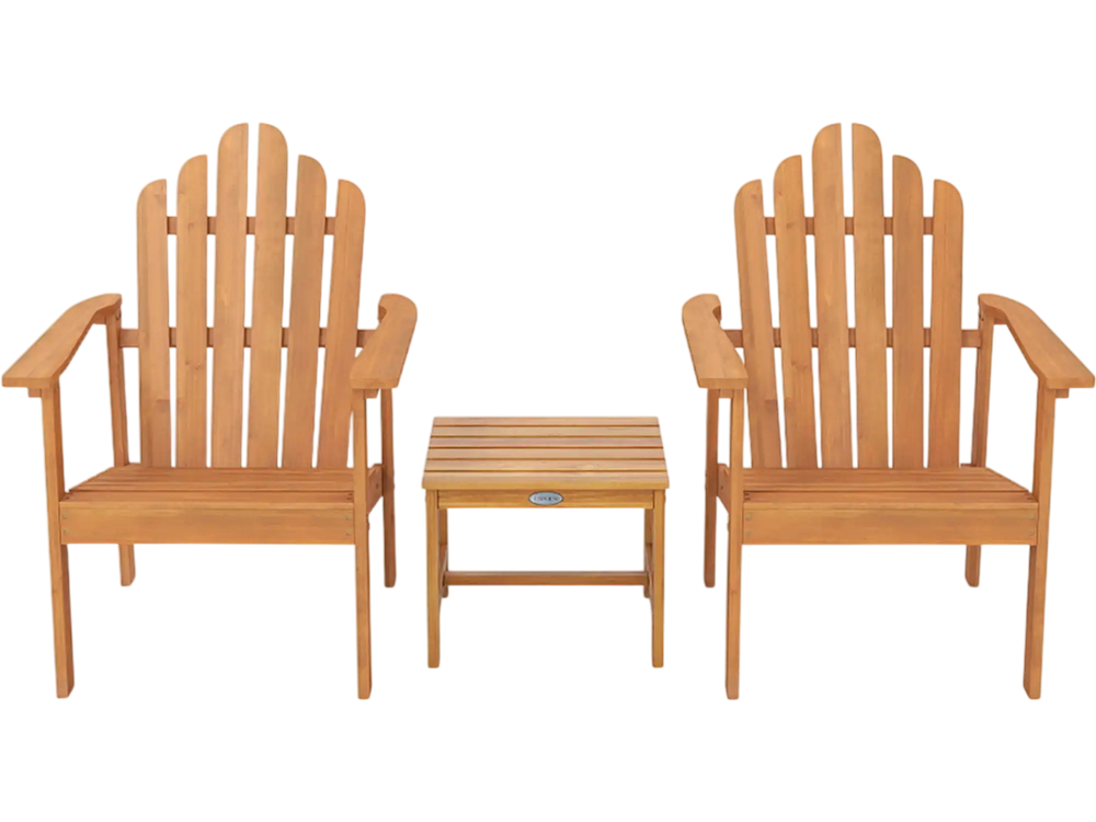 Stackable Adirondack chair set of 2 in natural wood finish with a matching side table for outdoor relaxation.