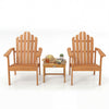 Stackable Adirondack chair set of 2 in natural wood finish with a side table, perfect for outdoor relaxation.