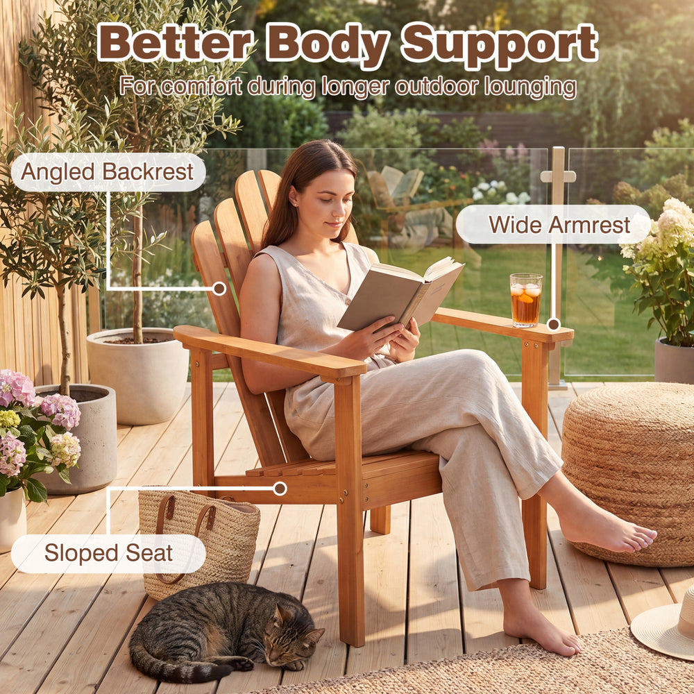 Stackable Adirondack chair with angled backrest and wide armrest, perfect for outdoor lounging and relaxation.