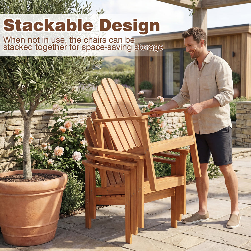 Stackable Adirondack chair set of 2 in natural wood finish, shown being stored together for space-saving convenience.