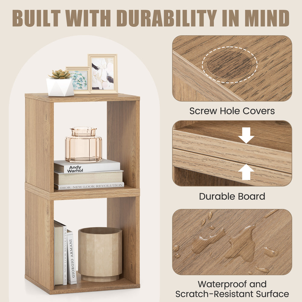 Stackable 2 cubes bookcase in natural finish, made of durable engineered wood, ideal for living room or study storage.