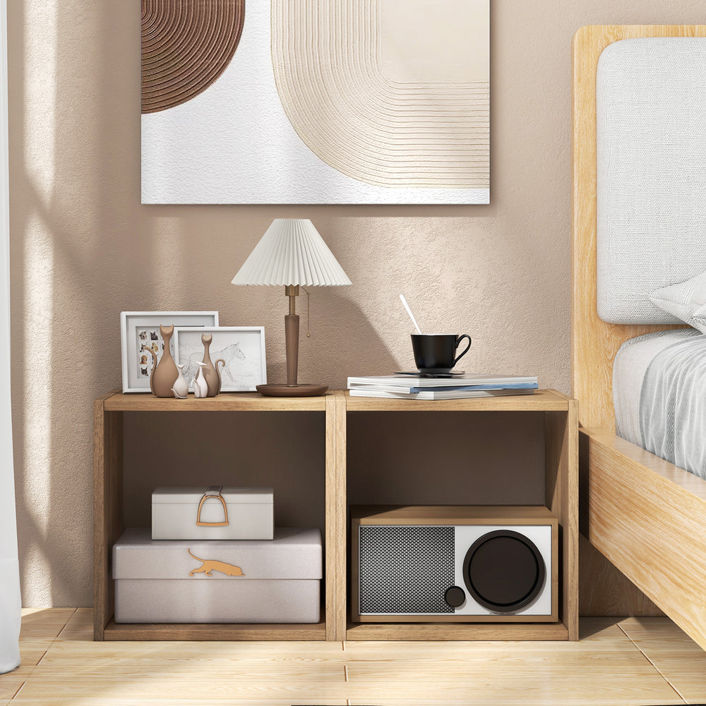 Natural wood stackable bookcase with two cubes, ideal for living room or study storage and display needs.