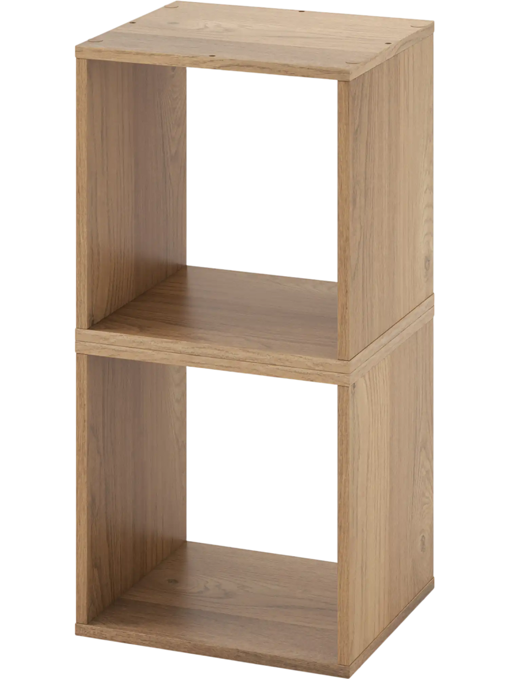 Stackable bookcase with two natural wood cubes, ideal for living room or study storage and display needs.