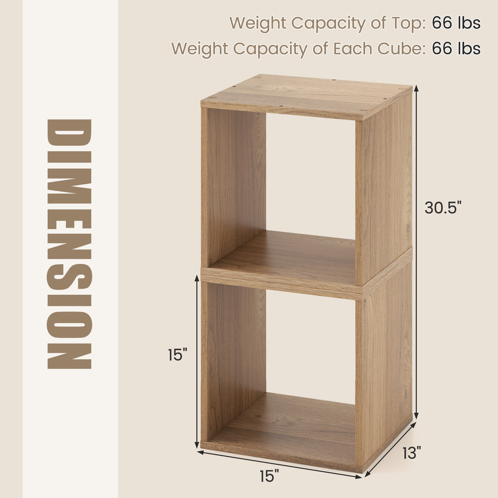 Stackable bookcase featuring two cubes in natural engineered wood, ideal for living room or study storage solutions.