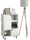 Modern white stackable bookcase with adjustable shelf, enclosed storage, and sturdy metal legs for versatile use.