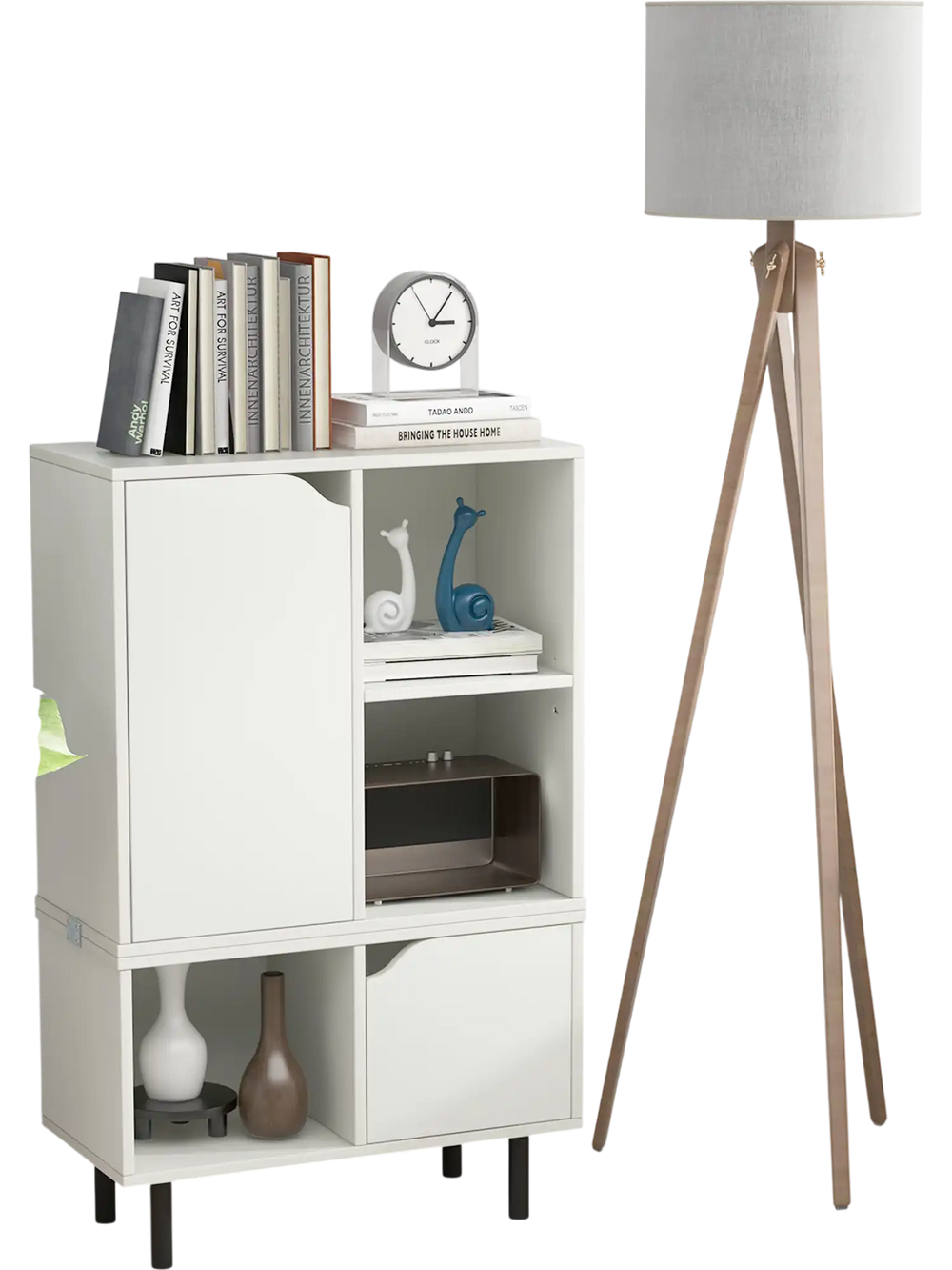 Modern white stackable bookcase with adjustable shelf, enclosed storage, and sturdy metal legs for versatile use.