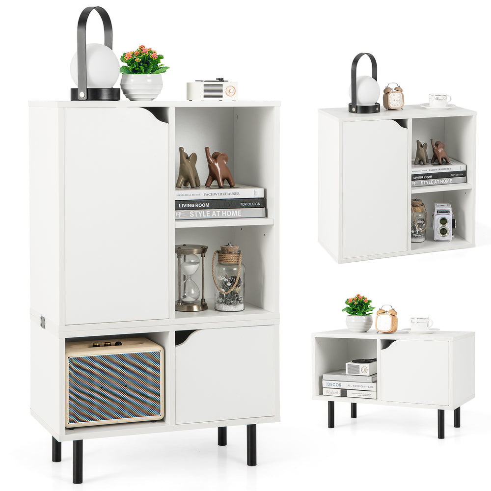 Modern white stackable bookcase with adjustable shelf, open and enclosed storage, ideal for living room or office use.