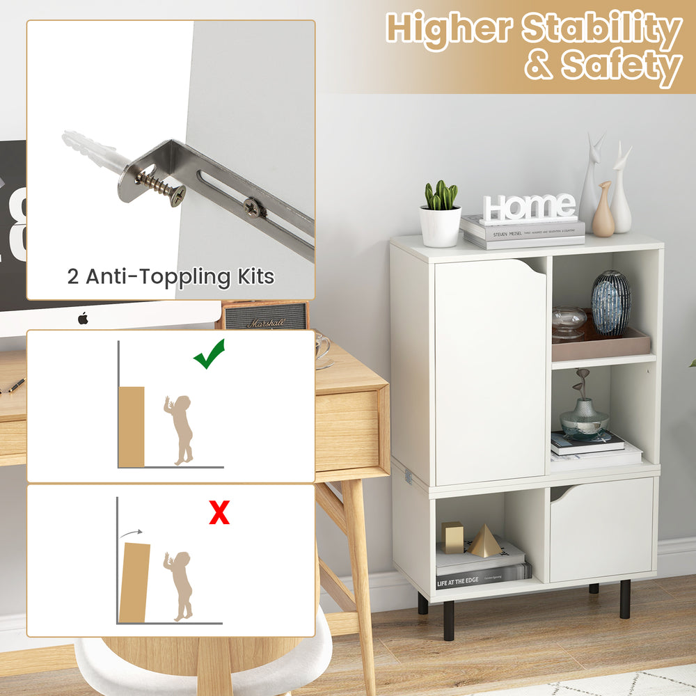 Stackable white bookcase with adjustable shelf, anti-toppling kits, and sturdy metal legs for enhanced stability.