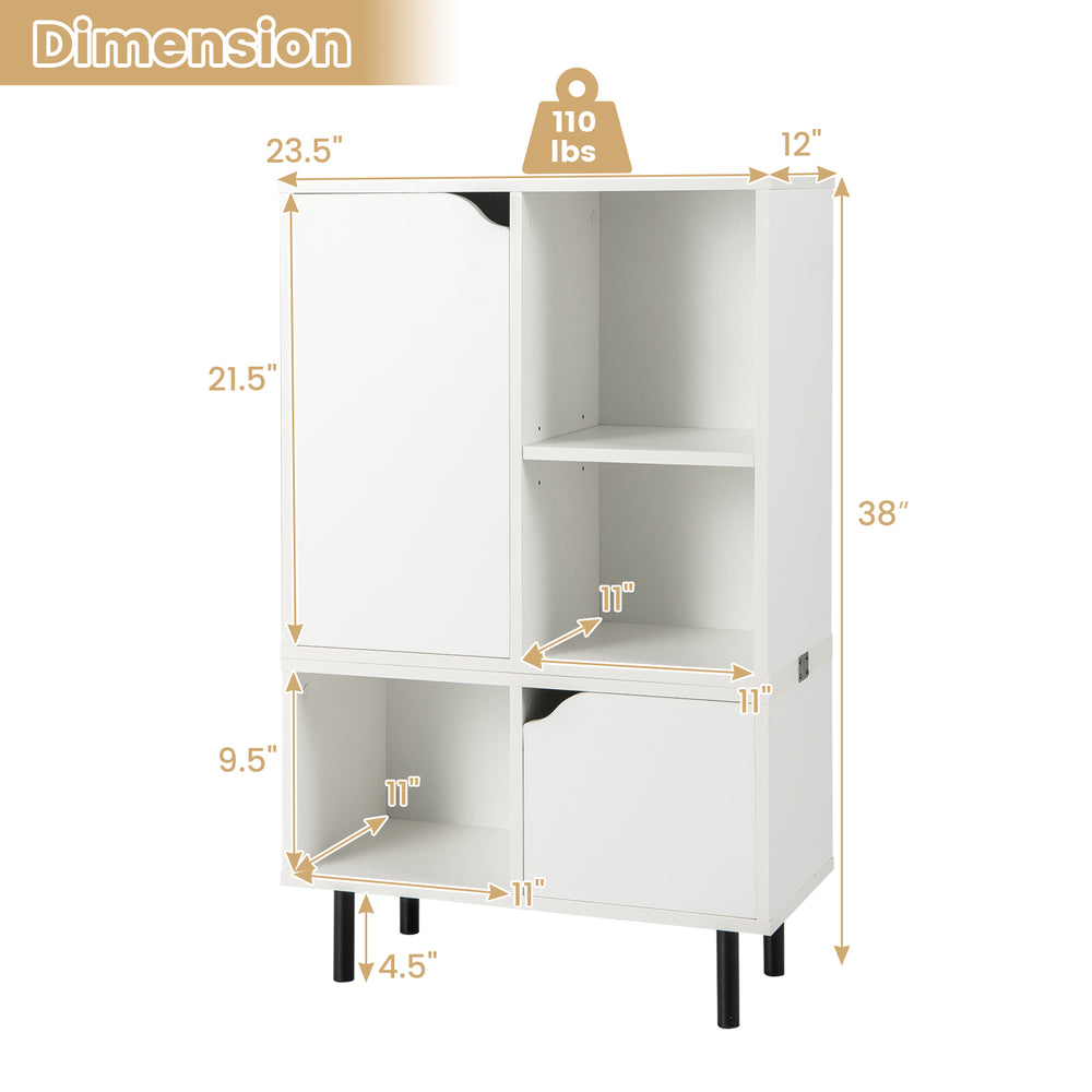 White stackable bookcase featuring adjustable shelves, enclosed storage, and sturdy metal legs for versatile use in any.