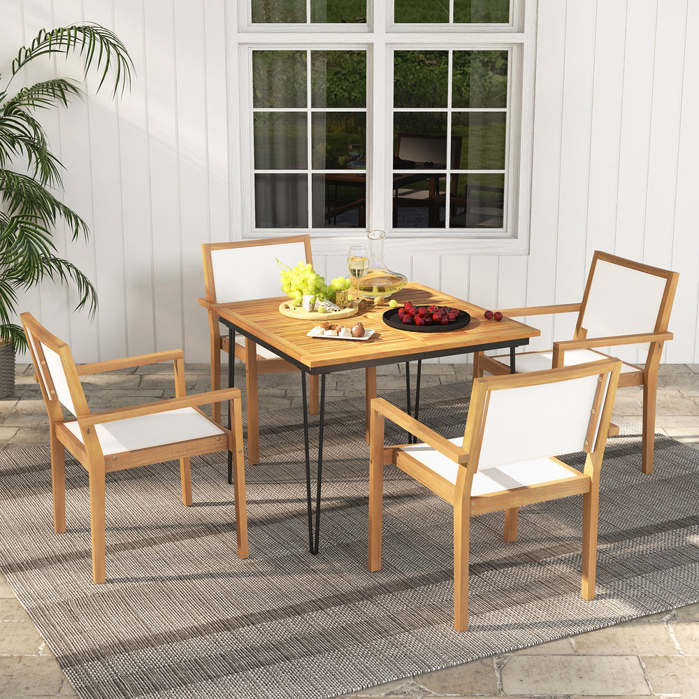 Acacia wood dining chair set featuring a sleek design with curved armrests, perfect for outdoor relaxation on your.