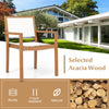 Stackable outdoor dining chair with acacia wood frame, ergonomic backrest, and natural finish for backyard comfort.