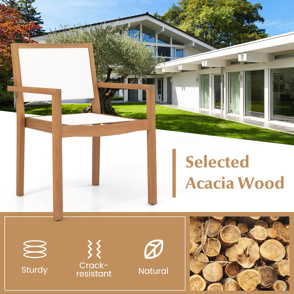 Stackable outdoor dining chair with acacia wood frame, ergonomic backrest, and natural finish for backyard comfort.