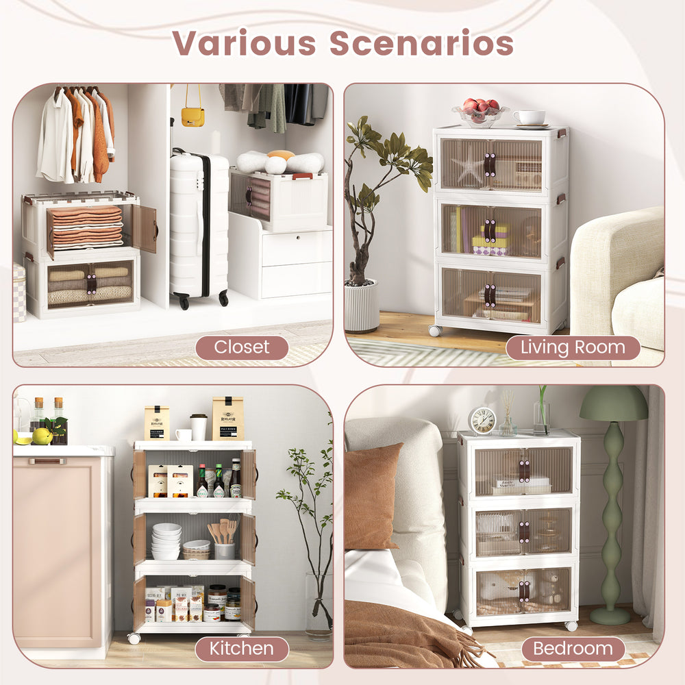 Stackable 25.5/60 Gal storage bins with magnetic doors and lockable casters, ideal for versatile organization in any room.