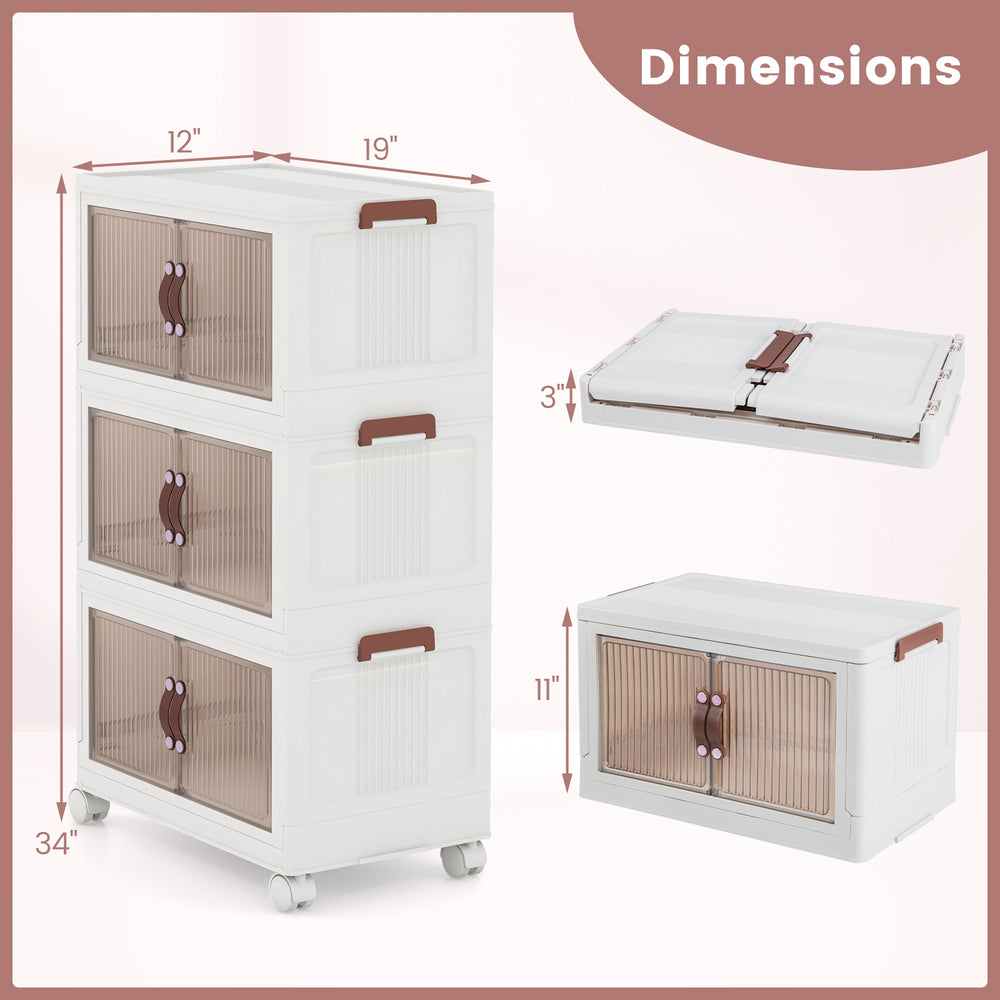 Stackable storage bins with magnetic doors and lockable casters, featuring translucent doors for easy access and stability.