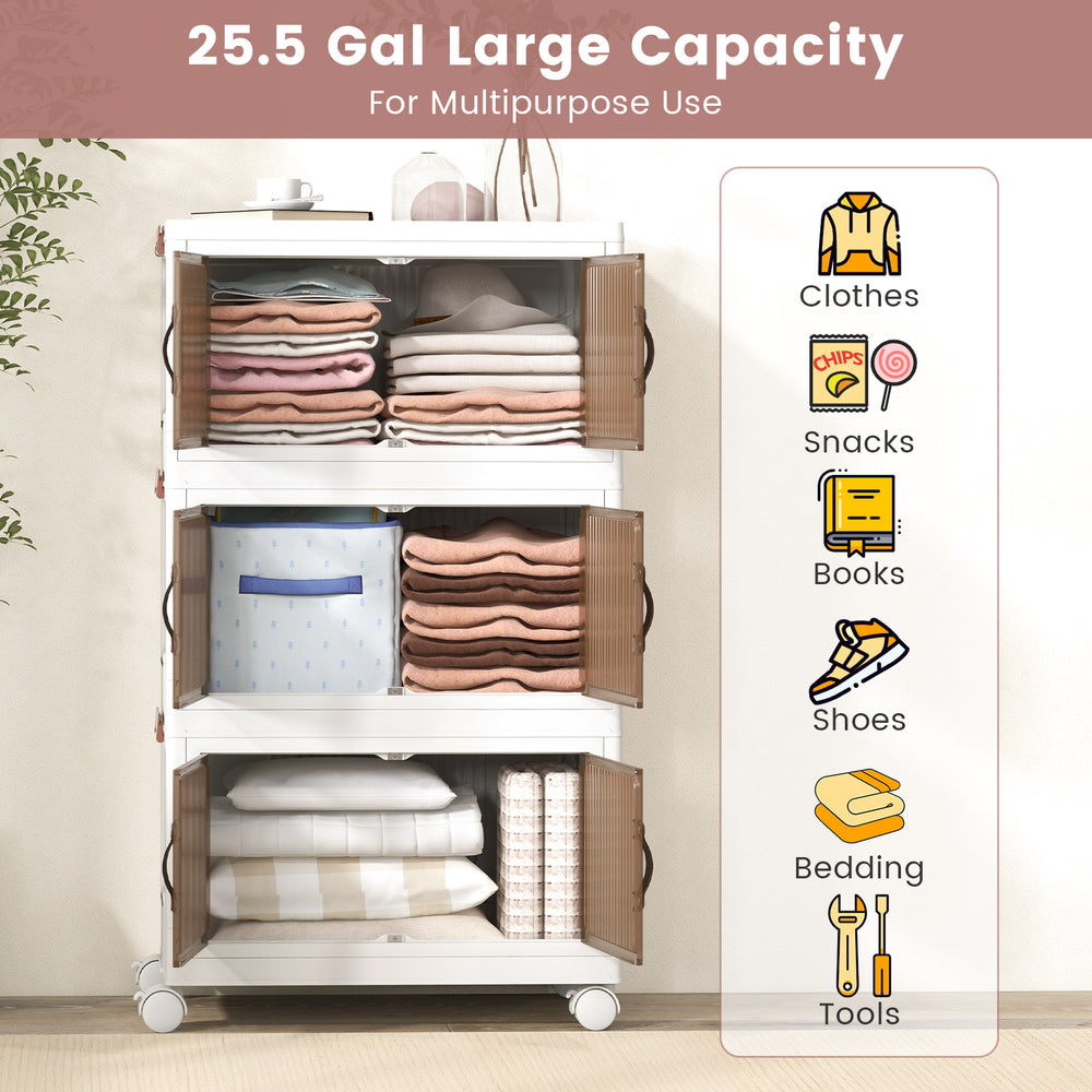 Stackable 25.5-gallon storage bins with magnetic doors and lockable casters for versatile organization and easy access.