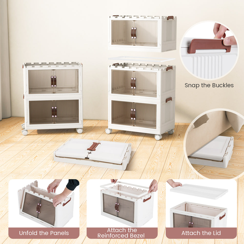Stackable 25.5/60 Gal storage boxes with magnetic doors, lockable casters, and side buckles for secure organization.