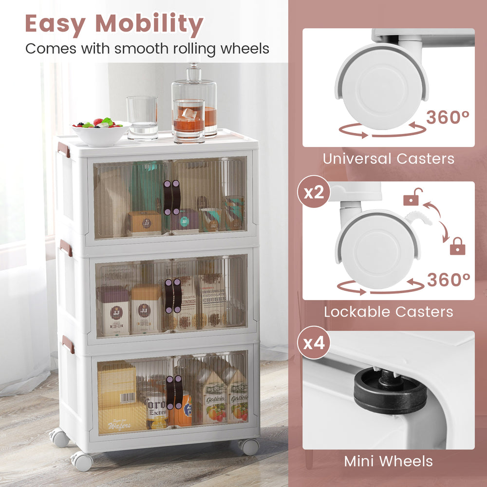 Stackable storage bins with magnetic doors and lockable casters provide versatile organization and easy mobility for any space.