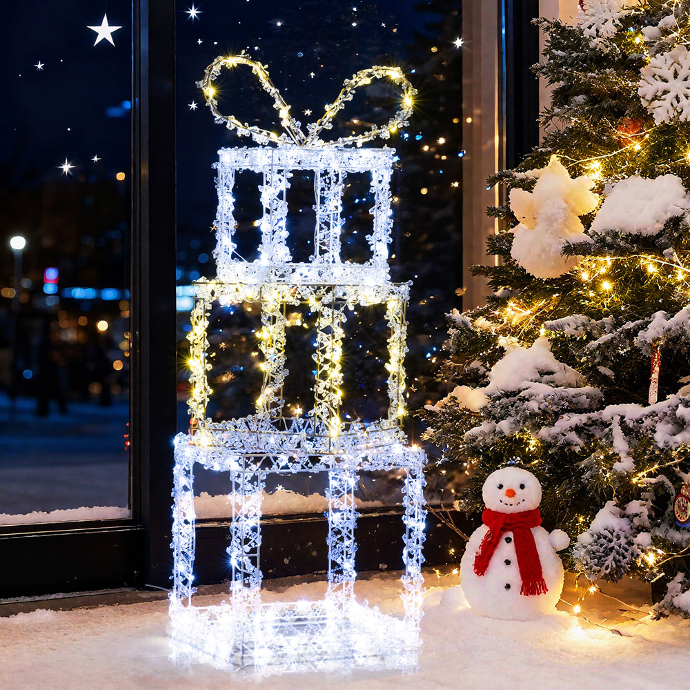 Stacked lighted gift boxes set of 3 with 200 LED lights, perfect for festive indoor or outdoor holiday displays.