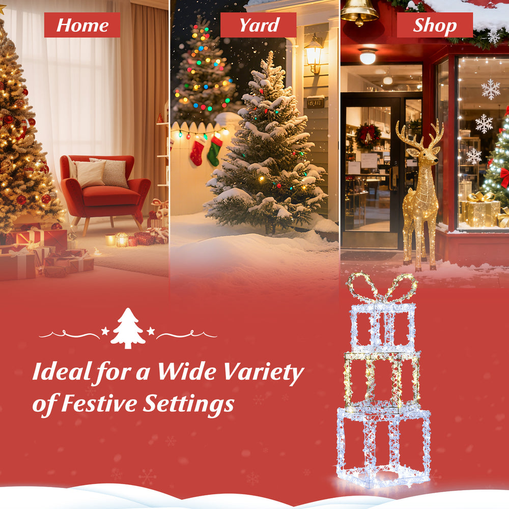 Stacked lighted gift boxes set of 3 featuring sparkly acrylic beads, ideal for enhancing entryways and festive displays.