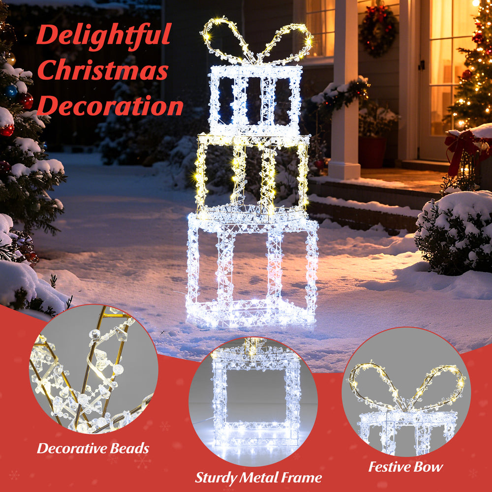 Stacked lighted gift boxes set of 3 with acrylic beads and 200 LED lights, perfect for outdoor Christmas decoration.