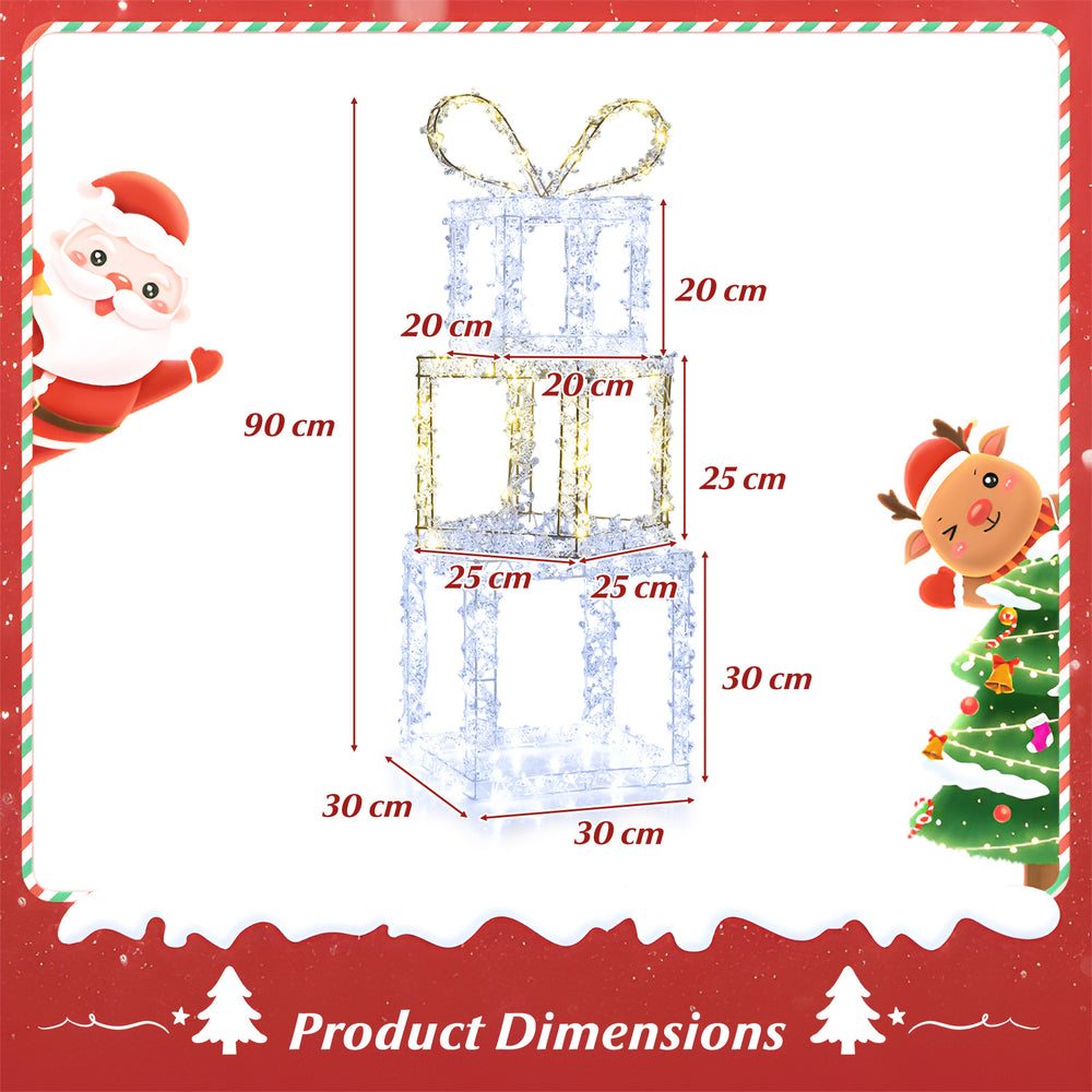 Stacked lighted gift boxes set of 3 with 200 LED lights, perfect for outdoor holiday displays or indoor decorations.