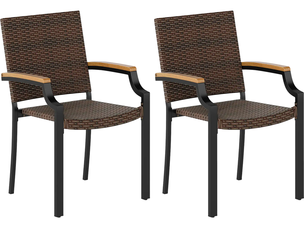 Stacking Wicker Chairs Set of 2 Patio Rattan Dining Chairs with Acacia Wood Armrests