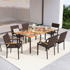 Stacking wicker dining chairs with acacia wood armrests, featuring a sturdy metal frame, perfect for outdoor dining.