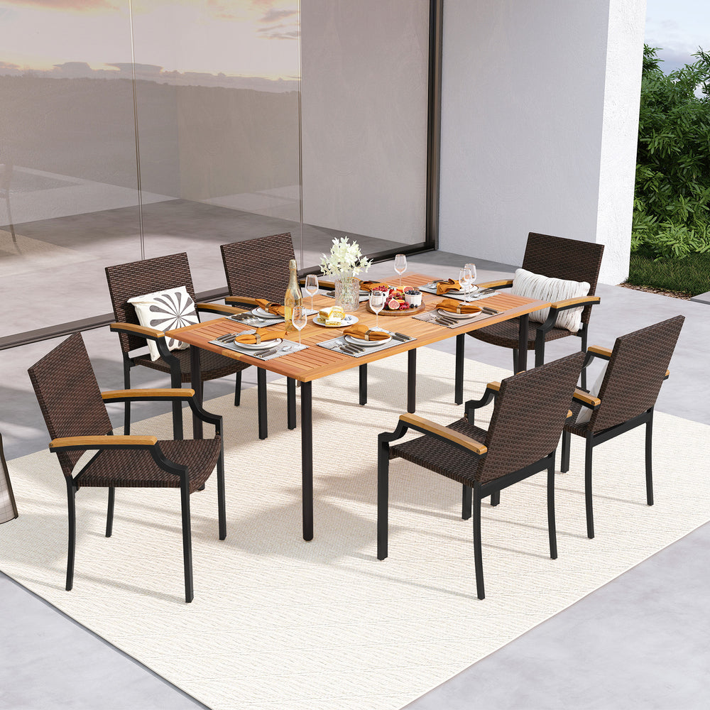 Stacking wicker dining chairs with acacia wood armrests, featuring a sturdy metal frame, perfect for outdoor dining.