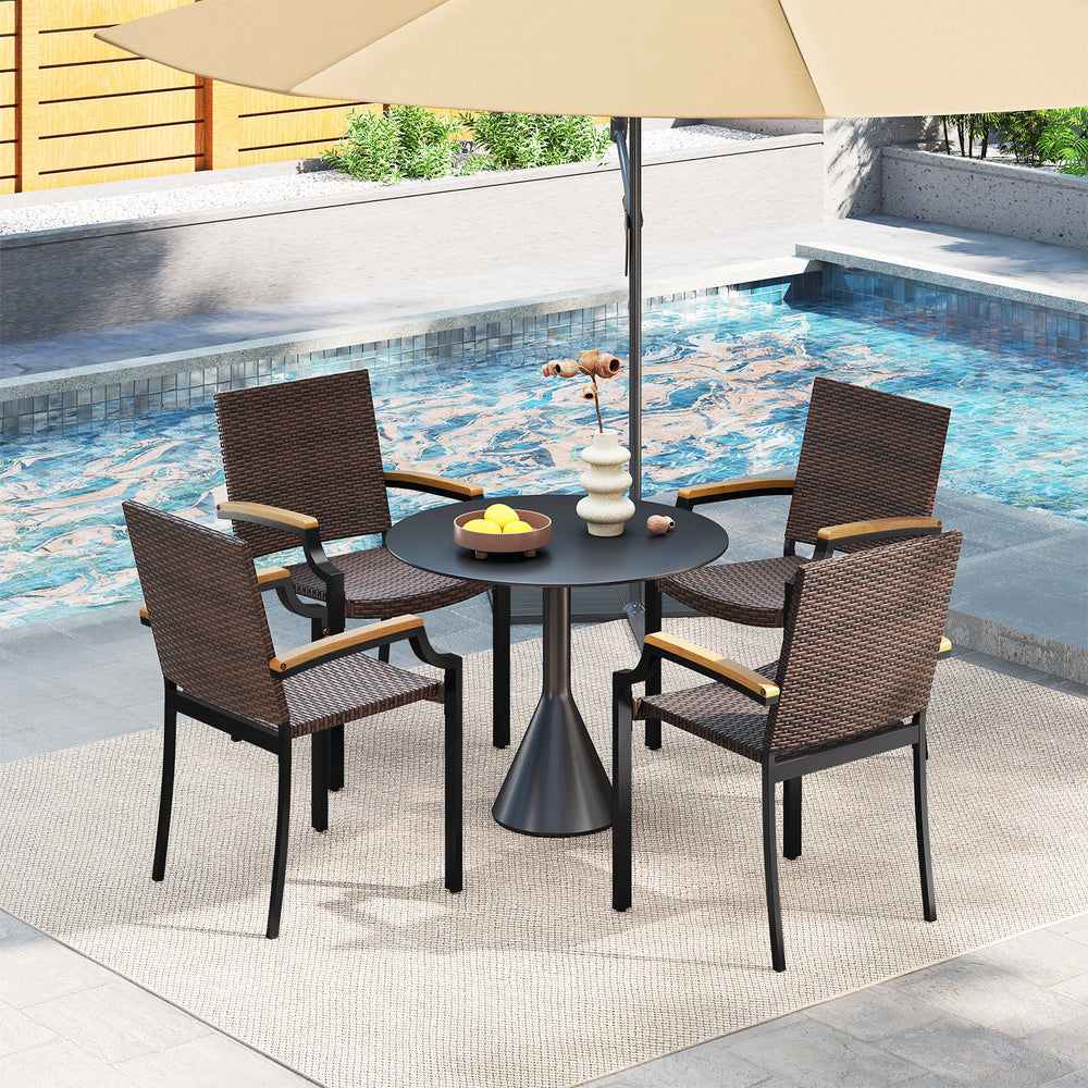Stacking wicker chair with smooth acacia wood armrests, featuring a sturdy metal frame and ergonomic design for outdoor.