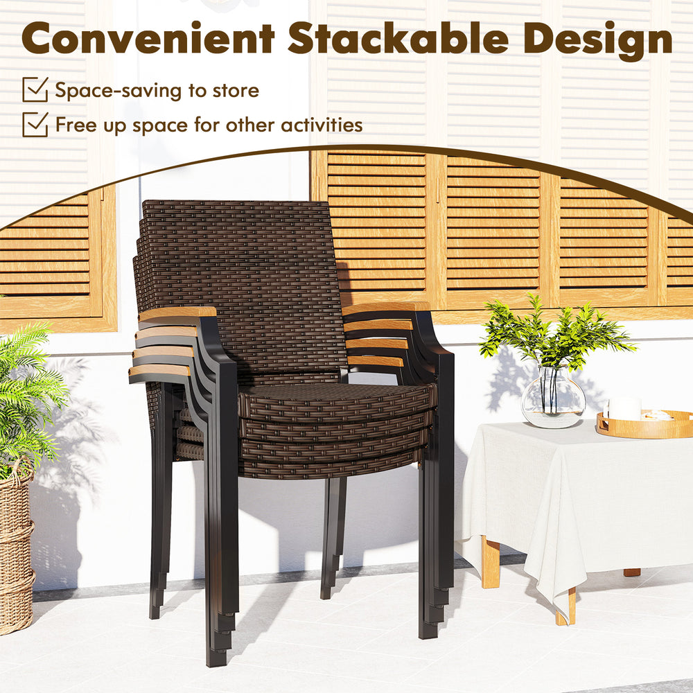 Stackable wicker dining chairs with acacia wood armrests, featuring a sturdy metal frame for outdoor patio use.