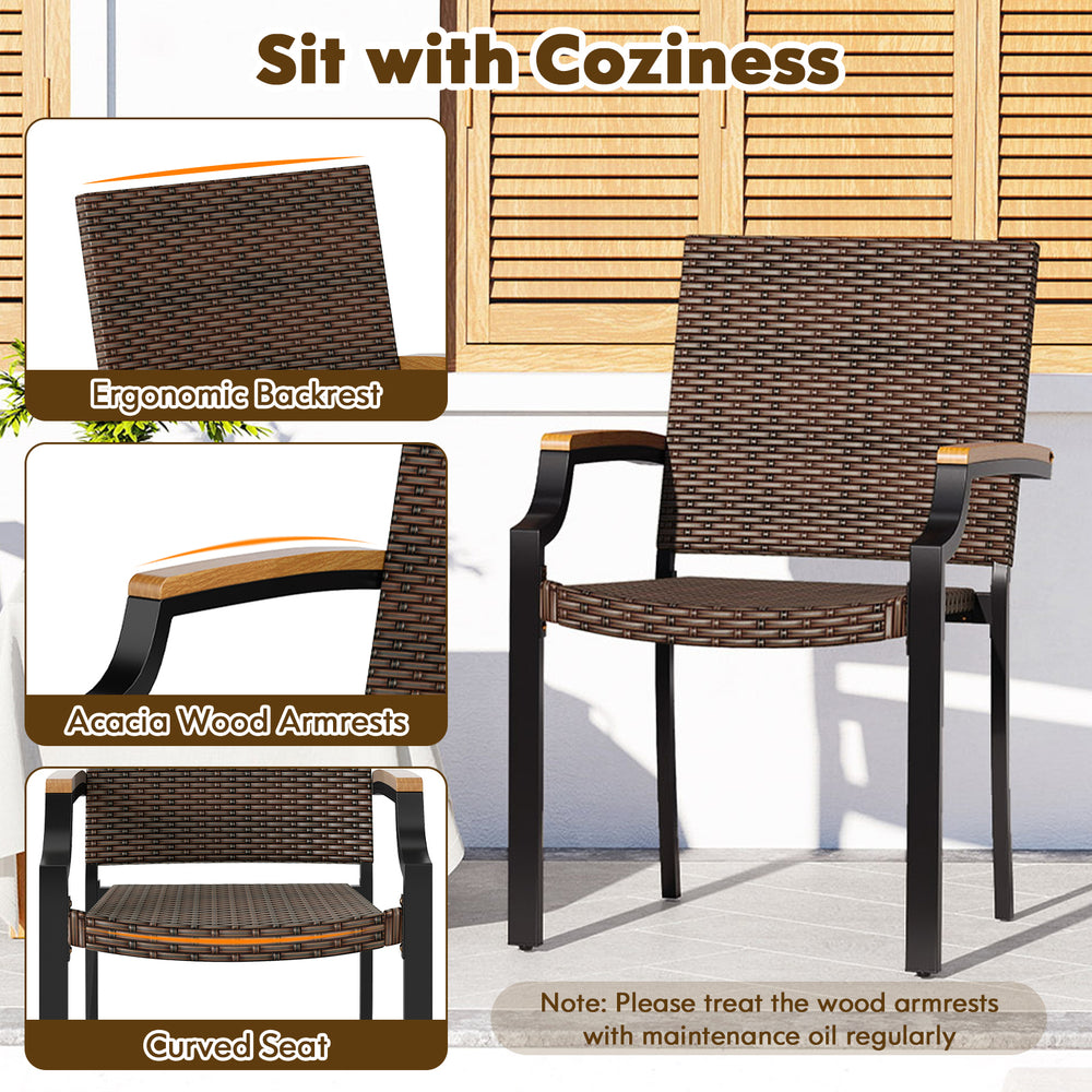 Stacking wicker chair with ergonomic backrest, acacia wood armrests, and PE rattan for outdoor patio comfort.