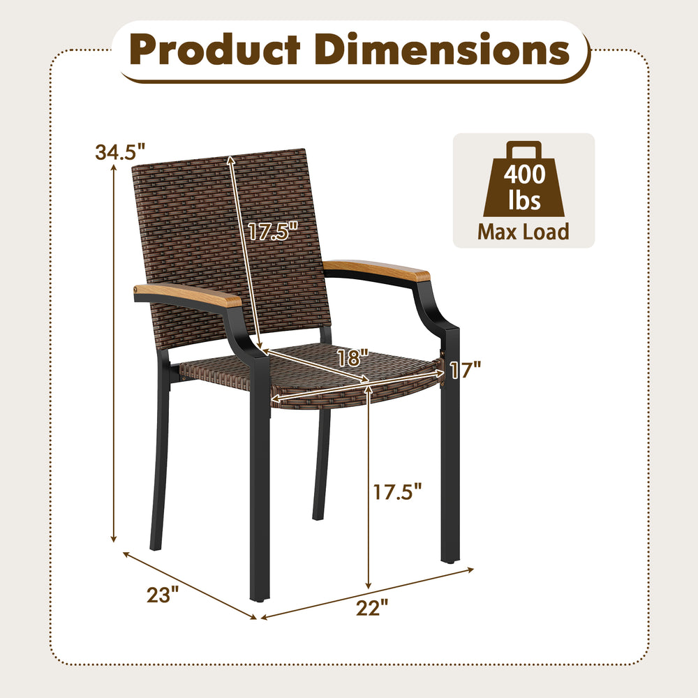 Dimensions of stacking wicker dining chairs with acacia wood armrests, designed for outdoor comfort and stability.