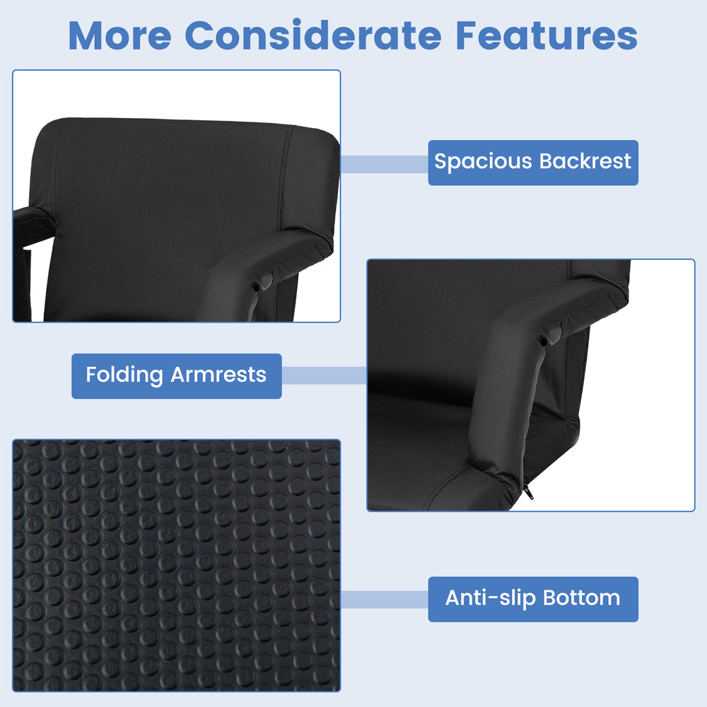 Spacious backrest of the black stadium seat with adjustable positions, featuring a non-slip bottom and folding armrests.