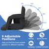 Black stadium seat with back support, featuring 6 adjustable positions for comfort during outdoor concerts and sports.