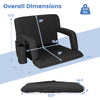Stadium seat for bleachers in black with adjustable backrest, cup holder, and dimensions for portable comfort.